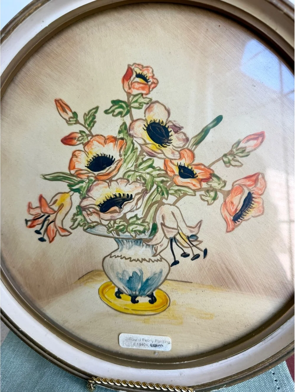 Vintage 1940s Hand Painted Floral Wall Art Round Peony Painting Ivory Frame